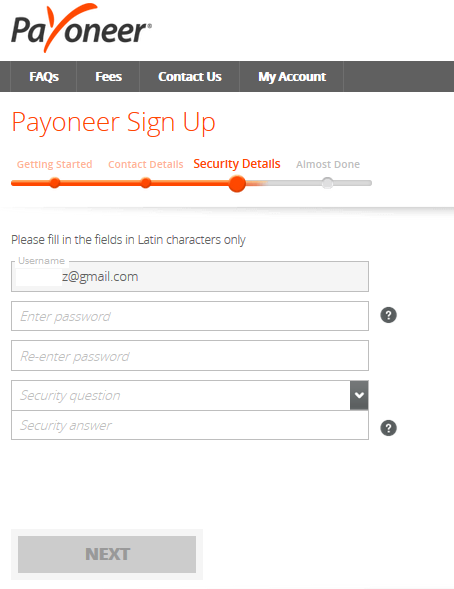 Payoneer Sign-up - Security Details