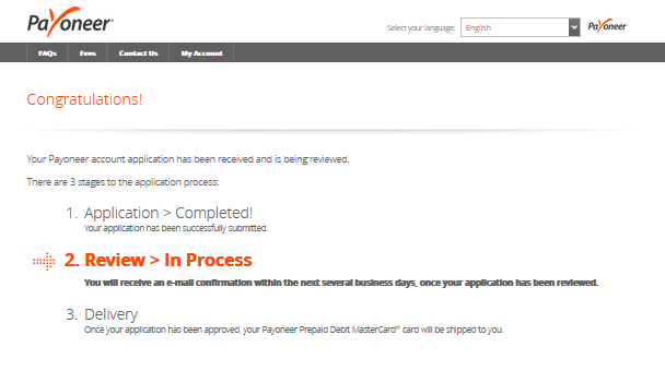 Payoneer Sign-up - Application Completed