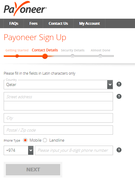 Payoneer Sign-up - Contact Details